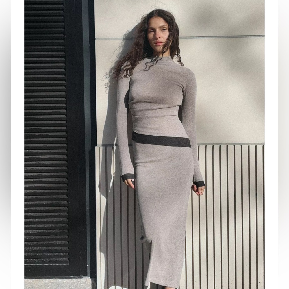 Zara NWT gray marl long sleeve fitted contrasting double layer detail midi dress